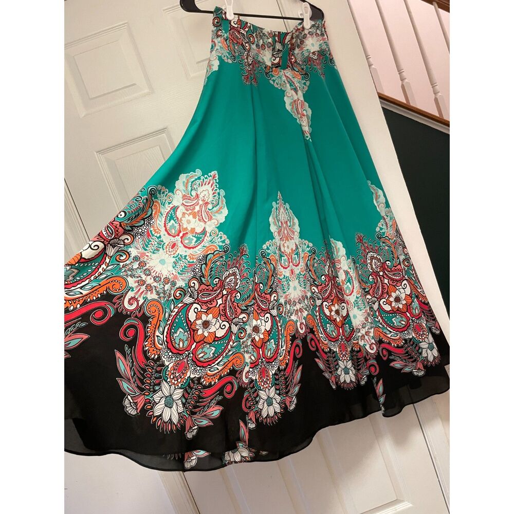 Turquoise Border Print 7th Avenue Paisley Maxi boho romantic floral Skirt M